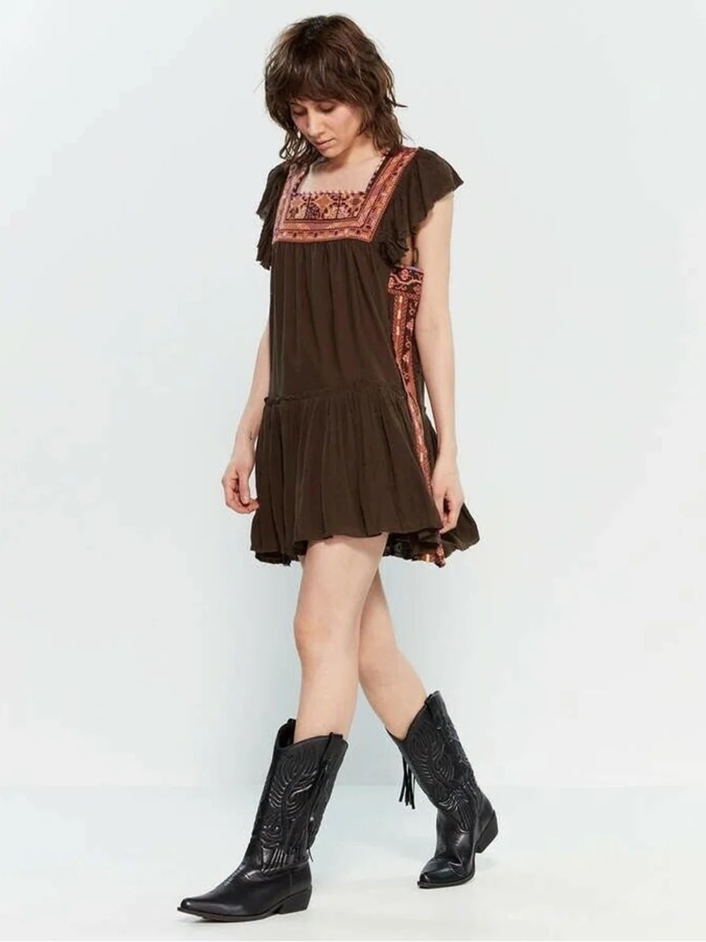 Free People Brown Mini Dress with Rust Embroidered Yoke